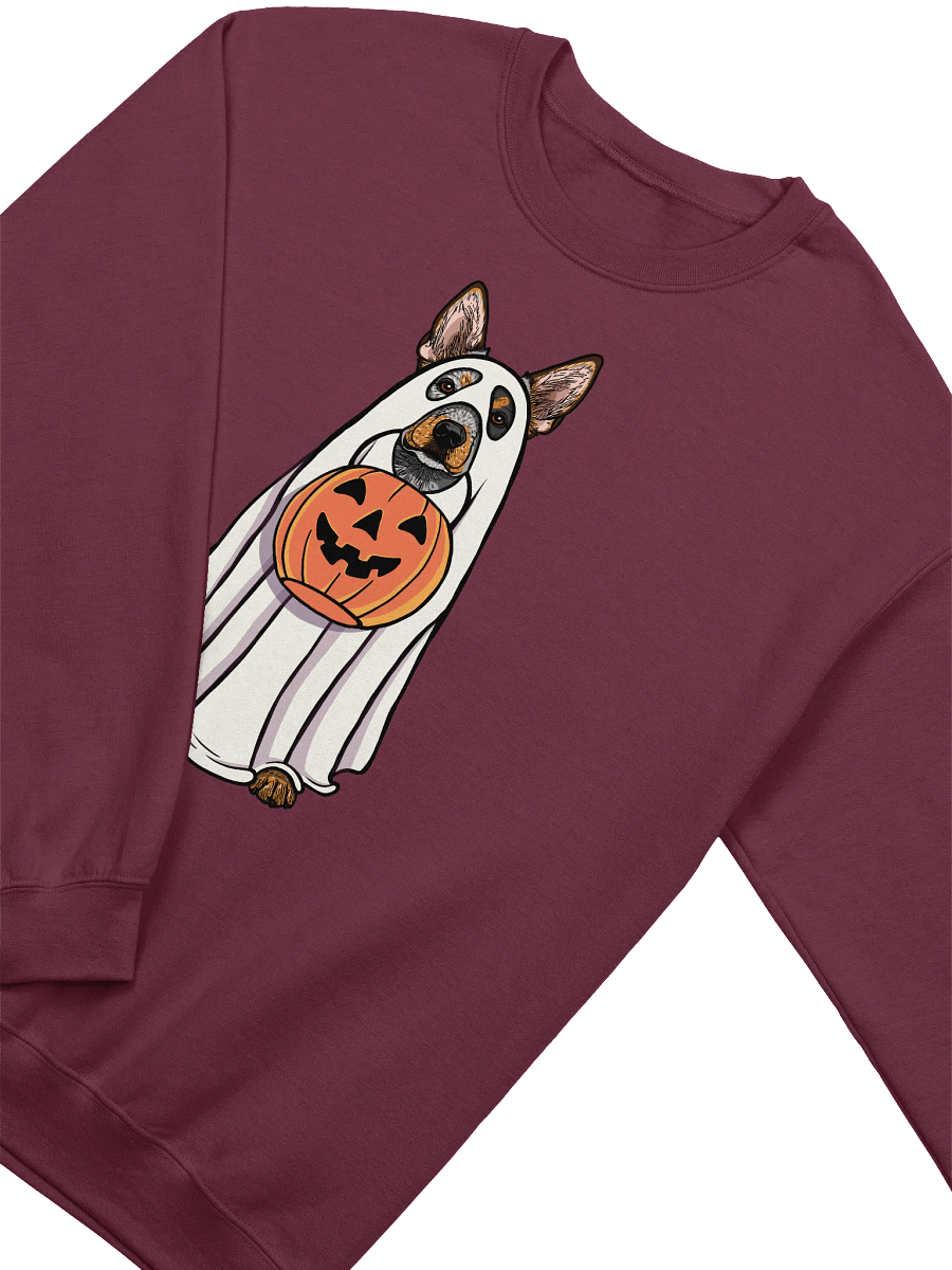 Funny Halloween Australian Cattle Dog(3) Sweatshirt | Funny Blue Heeler Wearing a Ghost Costume and Holding a Pumpkin Basket product image (13)