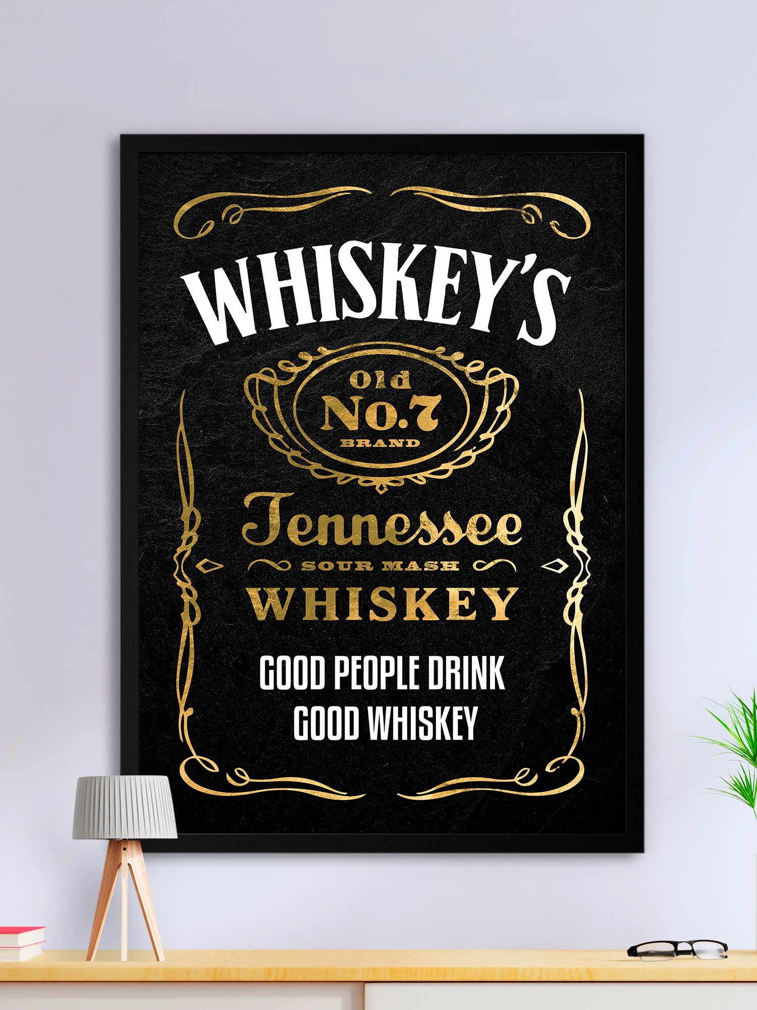 Good people drink good whiskey / Jack Daniel's — Whiskey gold blackboard art deco poster with quote, vintage gold poster product image (1)