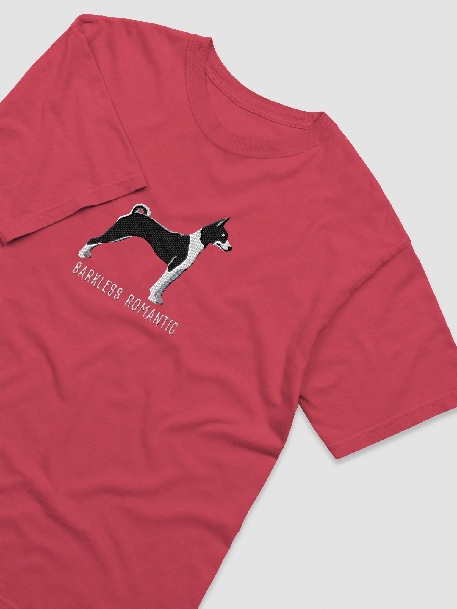 Barkless Romantic T-Shirt(Embroidered) of a Basenji(Black & White) product image (6)