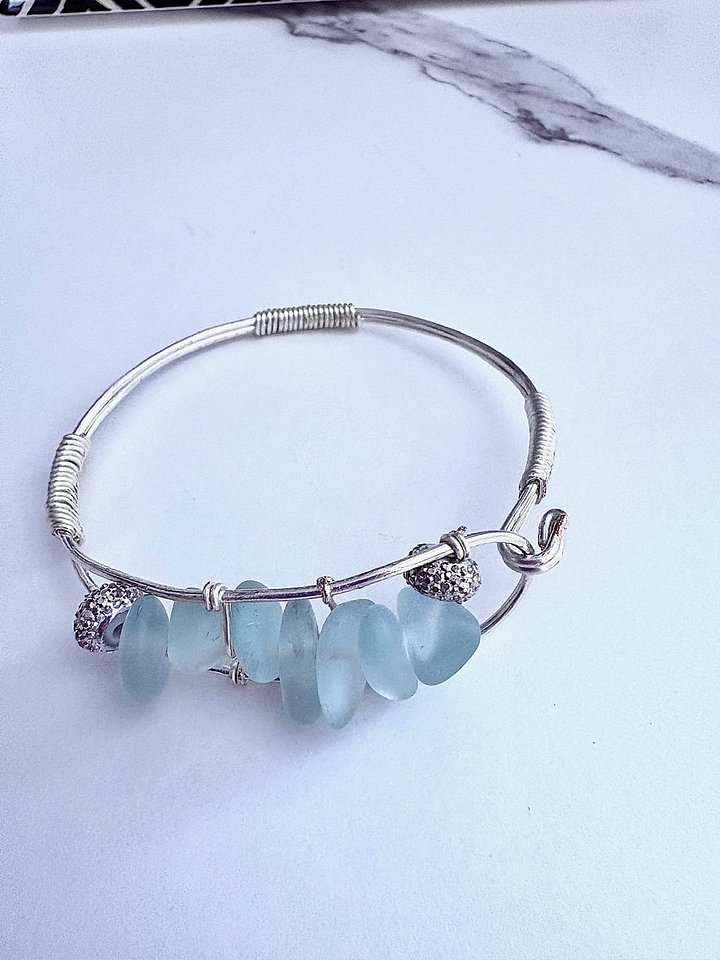 Seafoam Pebble Tide Bracelet | Wire-Wrapped Sea Glass | Handmade 7" Coastal Charm by Monique Faella Designs™ | MFD-00201 product image (2)