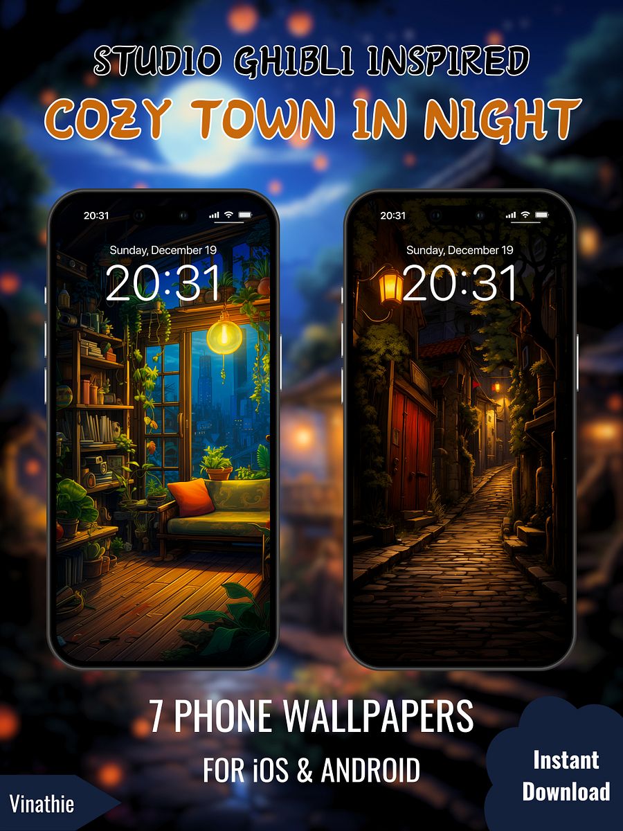 Cozy Town In Night | Studio Ghibli Inspired | Phone Wallpaper product image (3)