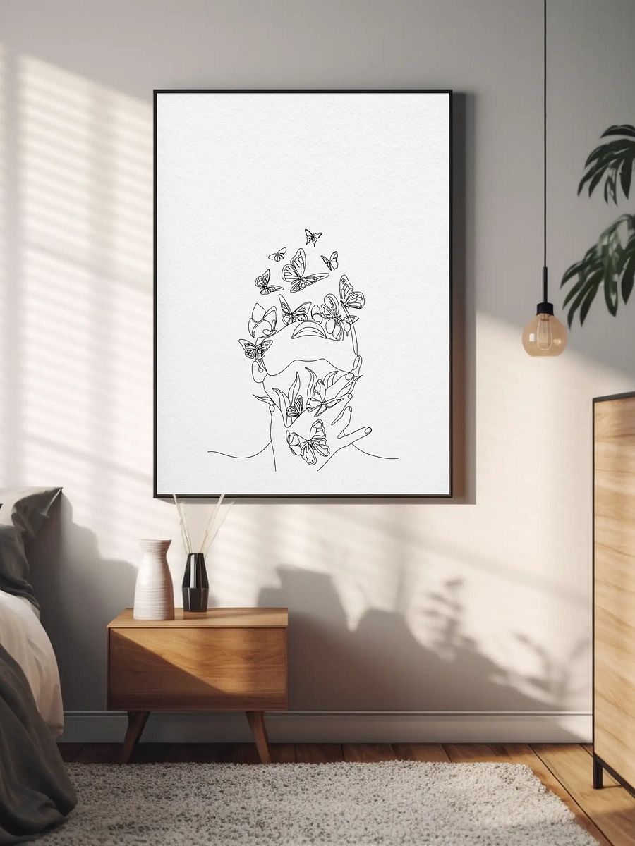 Butterfly Line Art Print - Minimalist One-Line Drawing of Woman with Butterflies, Modern Wall Art, Black and White Feminine Decor product image (5)