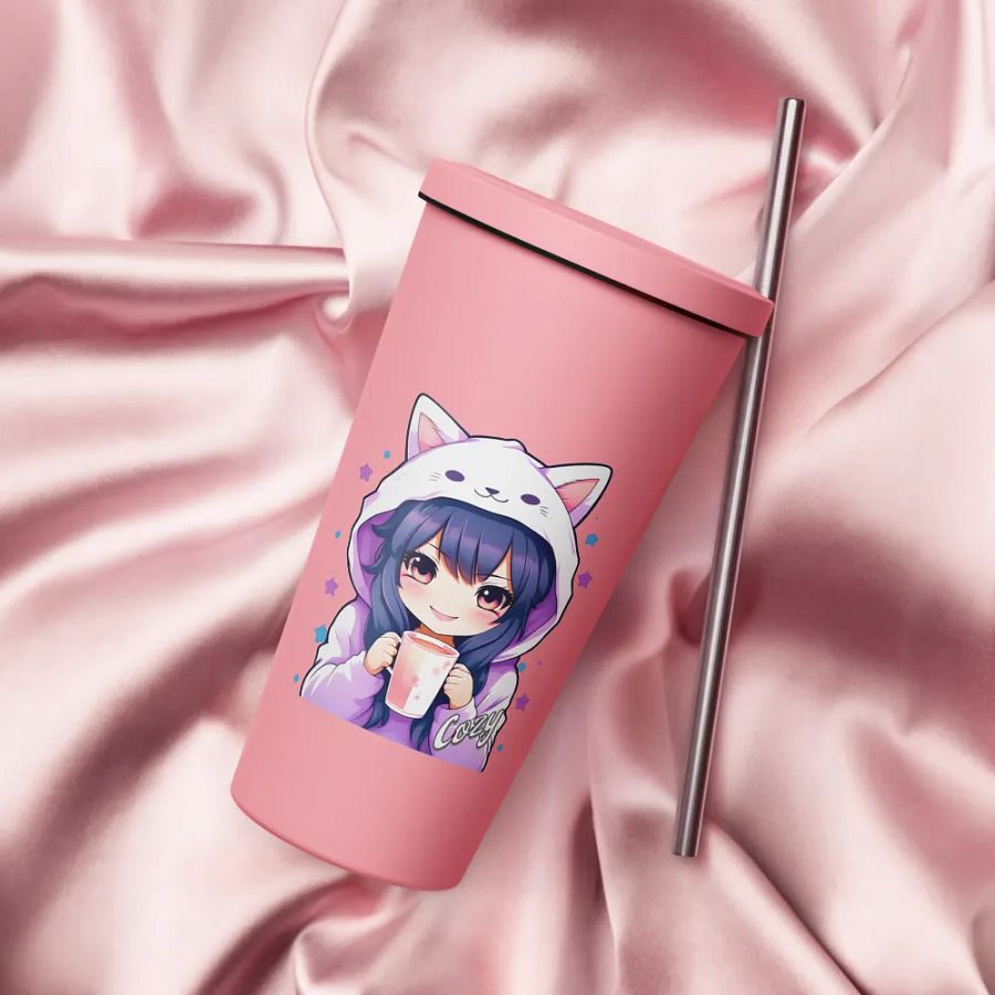 Cozy Kawaii Anime Girl 20 oz Tumbler Cup - Pink - Insulated Tumbler with a Straw product image (4)