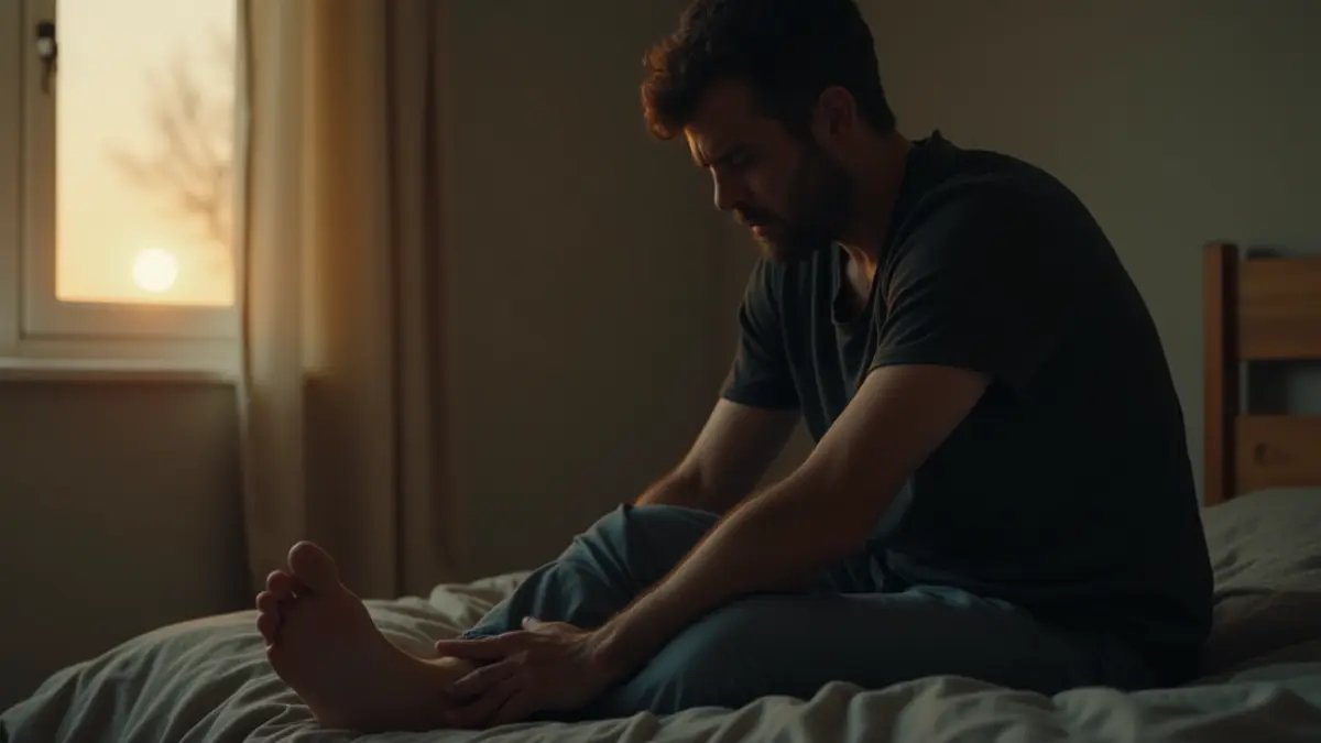 Man sitting on bed holding his foot due to heel hurt in the morning, a common symptom of plantar fasciitis.