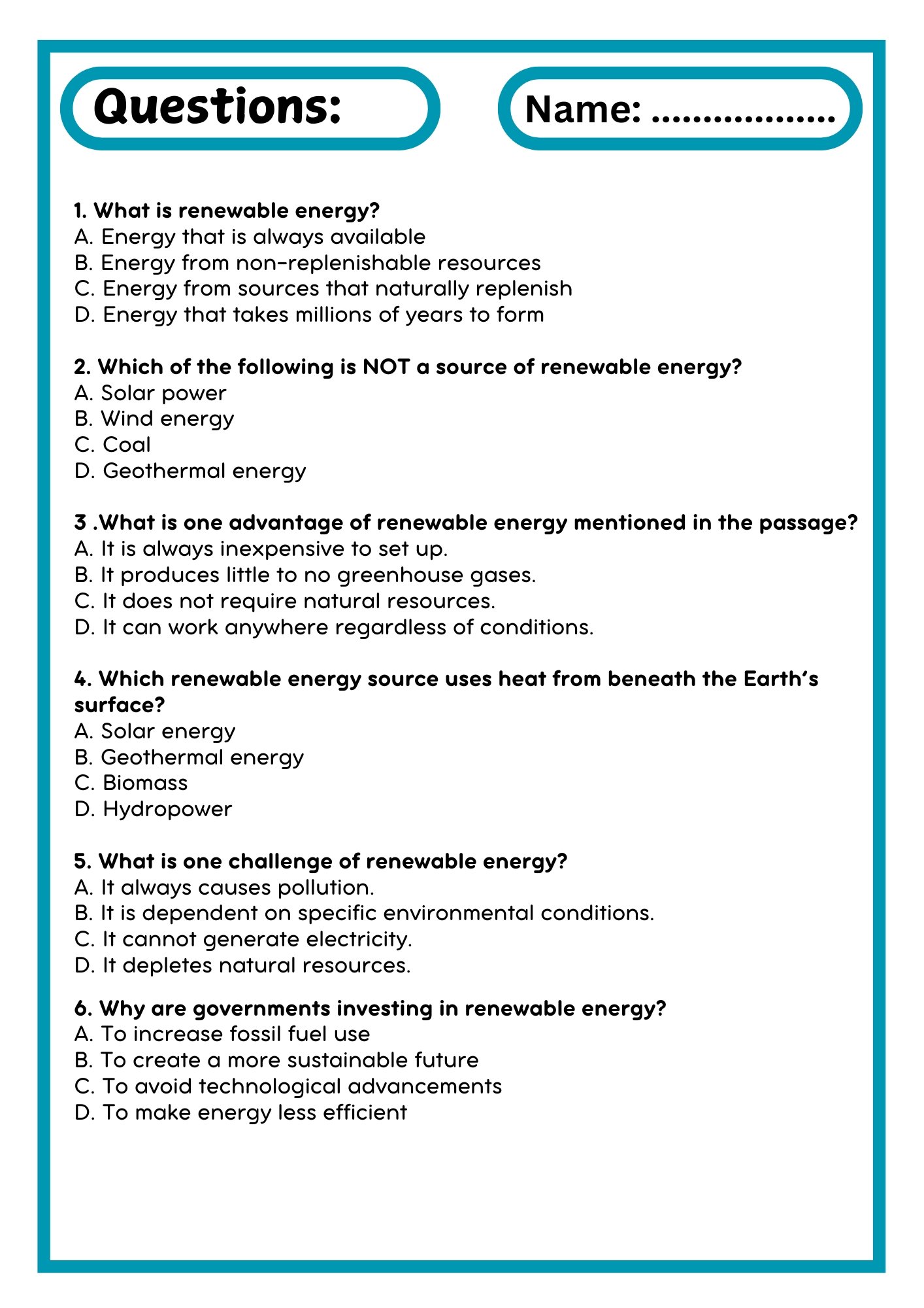 Renewable Energy Reading Passage with Comprehension Questions product image (3)