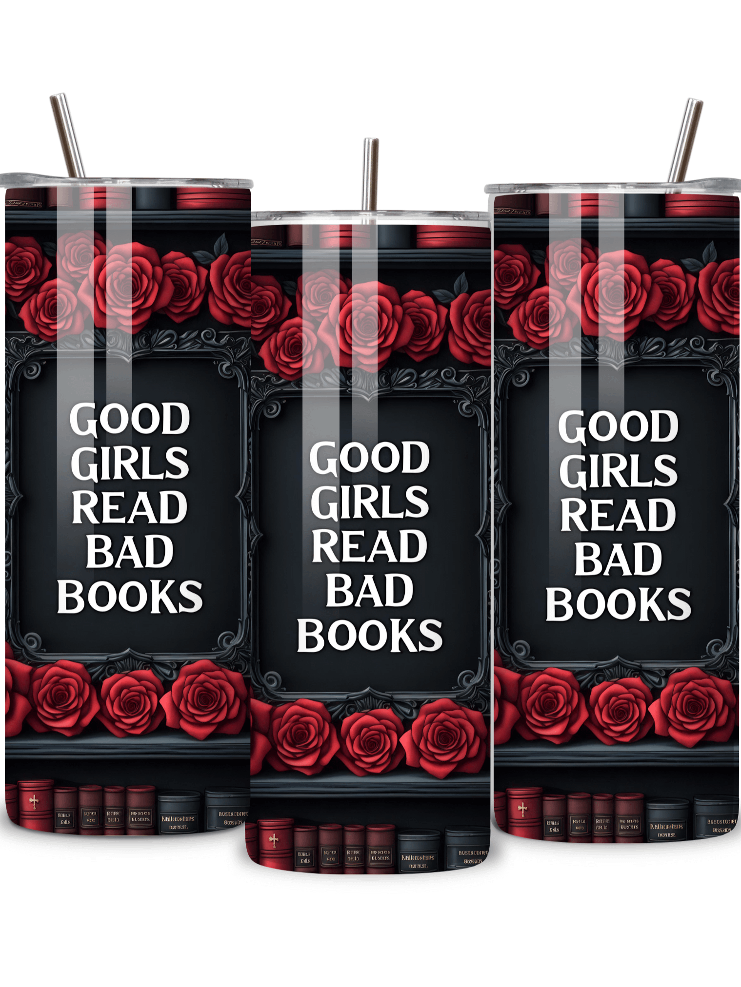Goth 20oz Skinny Tumbler with Metal Straw – Elegant Red Rose and Library Design – Double-Walled Insulated Stainless Steel Tumbler for Hot & Cold Drinks, Gift for Goth Book Lover product image (2)
