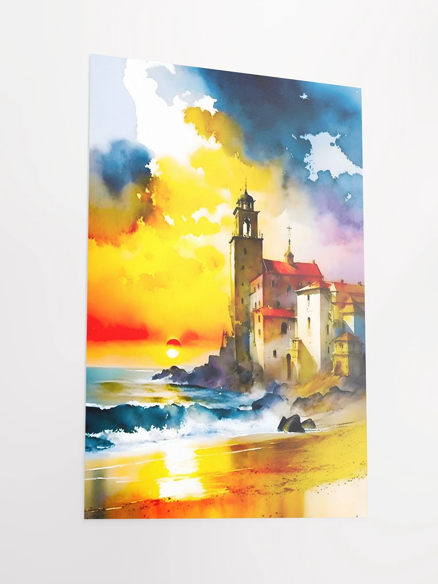 Old European Coastal Lighthouse at Sunset with Stunning Beach Watercolor Art Matte Poster product image (4)