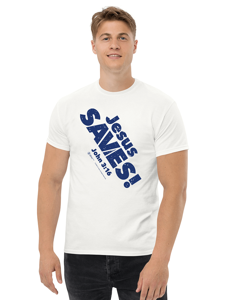 Jesus SAVES! Heavyweight Unisex Crewneck T-shirt | Gildan® 5000, Blue on White Shirt product image (2)