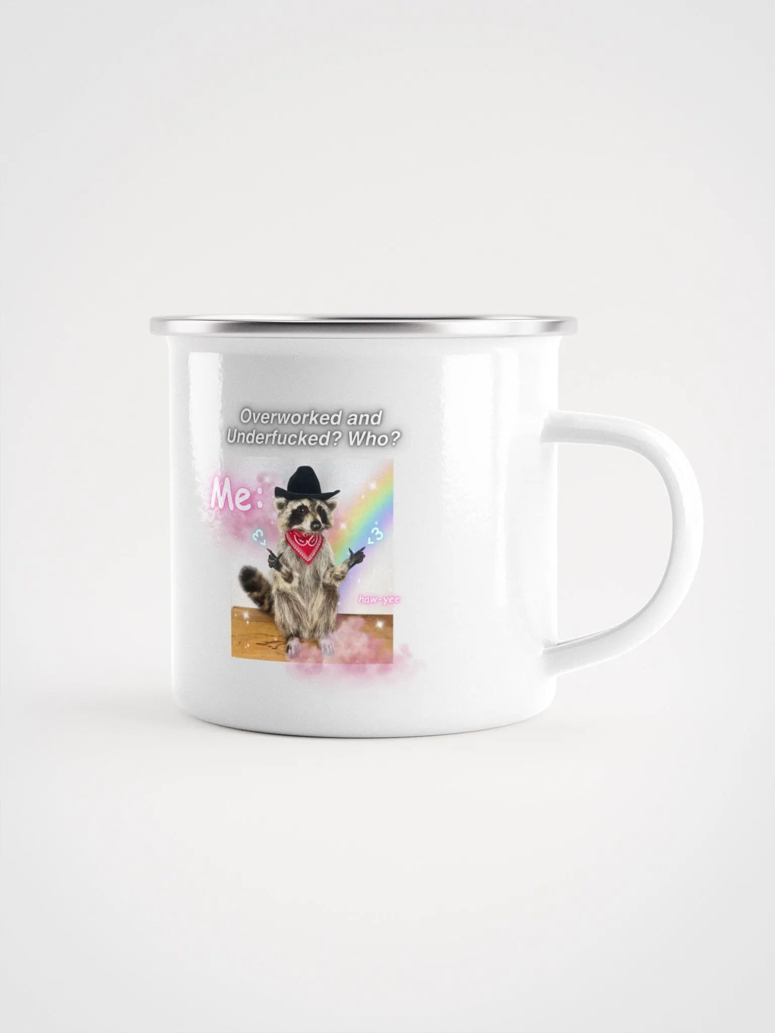 Overworked and Underfucked, Raccoon Cowboy, Enamel mug product image (1)
