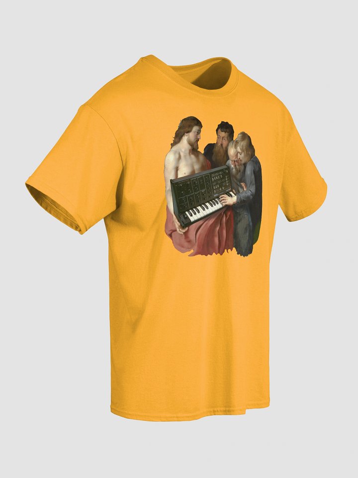 He died for our synths, by Frank Fonik (Japanese Korg MS 20), Techno EDM Unisex t-shirt product image (2)