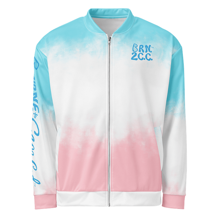 All-Over Print Bomber Jacket | Coastal Cool, City Bold | BOURNE to Cape Cod™ + BRN.2C.C.™ Style | Deep Sky Blue Logos on Patriotic Pastels product image (1)