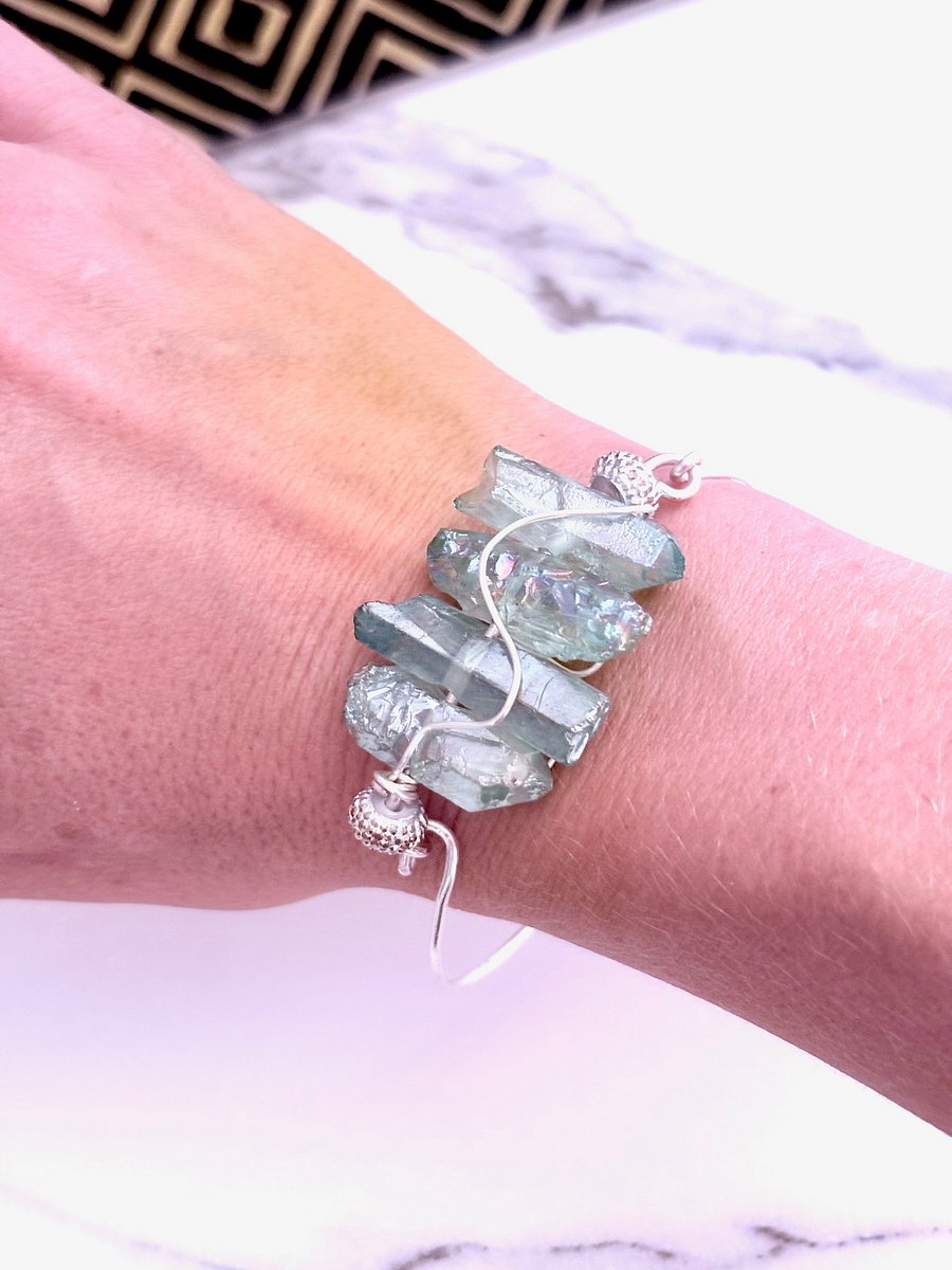 Handmade 7" Wire Wrapped Bracelet | Light Green Crystals | Coastal Charm Jewelry by Monique Faella Designs™ | MFD-00171 product image (3)