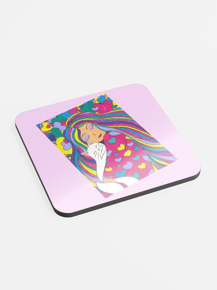 Girl with the white cat - (art by Dina R.) - acrylic painting picture - Glossed Cork Coaster product image (2)