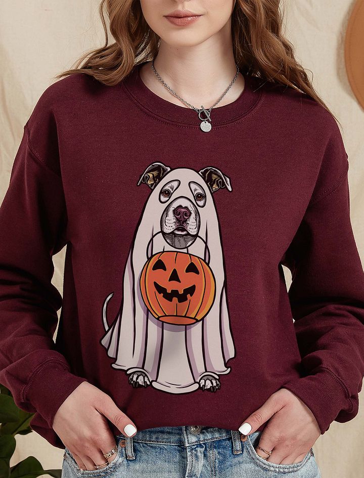 Funny Halloween Pitbull Terrier Sweatshirt | Funny Pittie Wearing a Ghost Costume and Holding a Pumpkin Basket product image (10)
