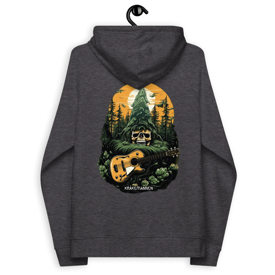 Unisex Eco Raglan Hoodie 🌲 Skeleton head with a guitar in a spruce forest product image (5)