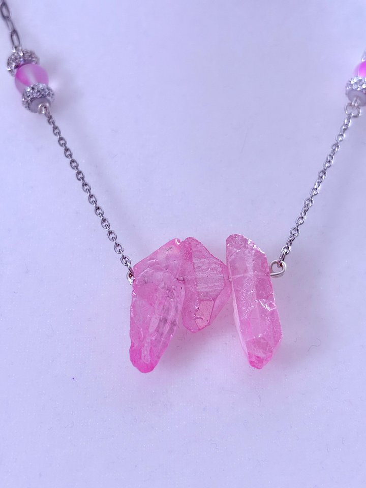 MFD-00269 | Pink Glass Crytal Pendant Necklace with Stainless Steel Link Chain and Paperclip Chain | October Birthstone Inspired | Handmade Jewelry by Monique Faella Designs™ product image (2)