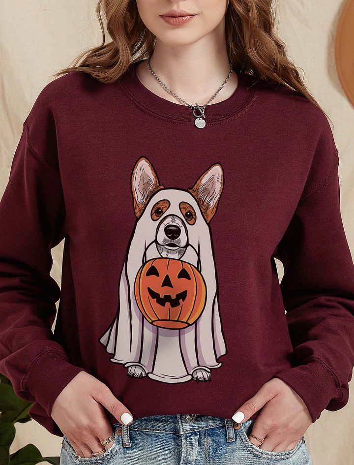 Funny Halloween Pembroke Welsh Corgi(Red) Sweatshirt | Funny Corgi Wearing a Ghost Costume and Holding a Pumpkin Basket product image (10)
