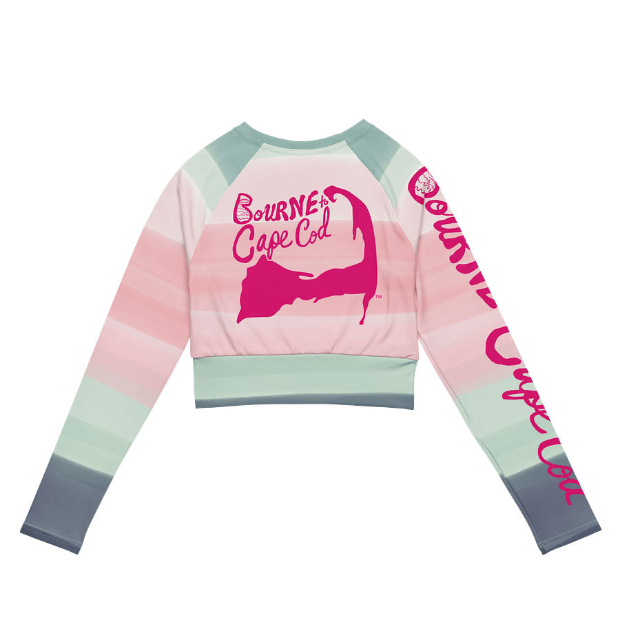 BOURNE to Cape Cod™ Crop Top | BRN.2C.C.™ Coastal Bold | Recycled Long Sleeve Statement Wear 🌊💃☀️ | Vibrant Pink Logos on Horizon Stripes product image (7)