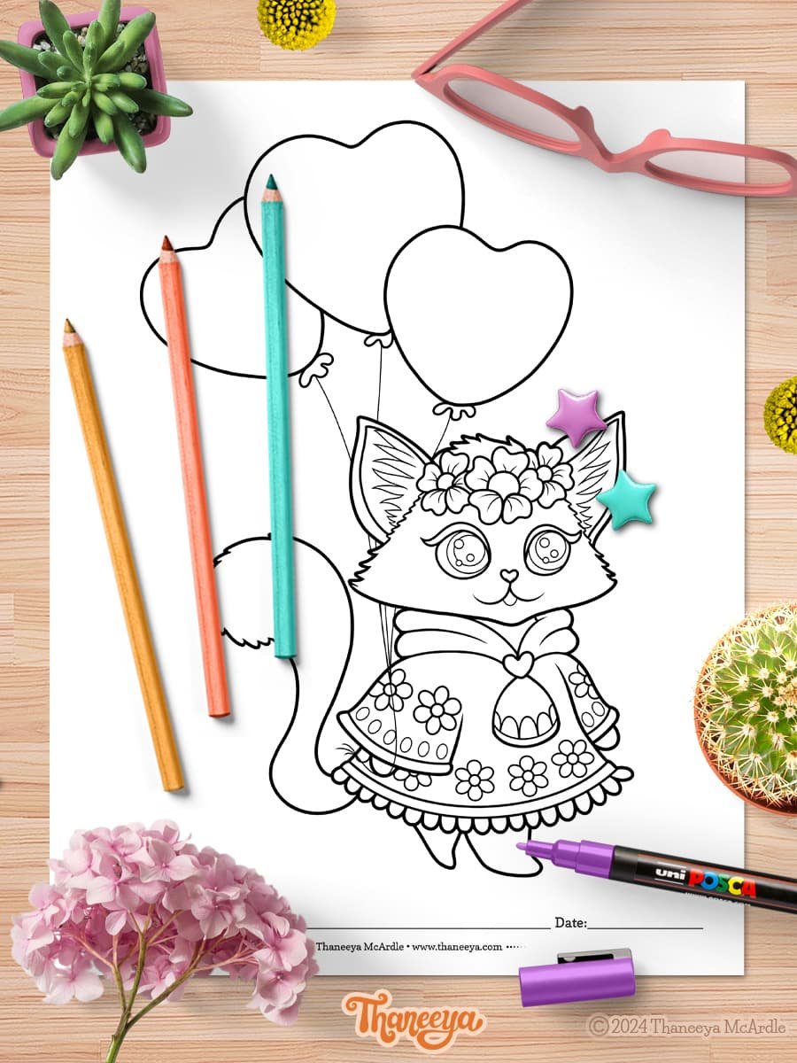 Cat with Heart Balloons - Single Coloring Page product image (1)