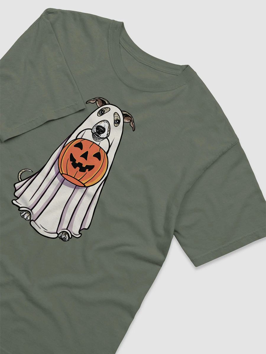 Funny Halloween Whippet(Fawn Brindle) T-Shirt | Funny Dog Wearing a Ghost Costume and Holding a Pumpkin Basket product image (14)