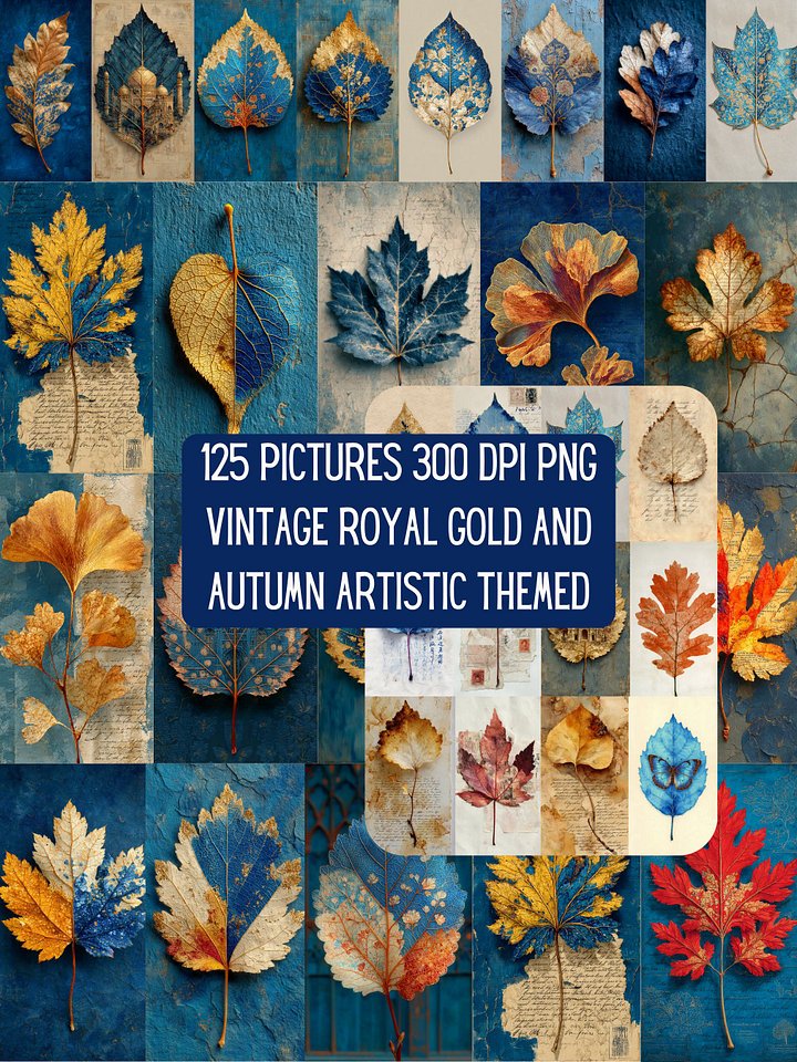 Autumn leaves Ephemera Clipart: Gold & Blue Vintage Fall Elements (PNG, 300 DPI) product image (2)