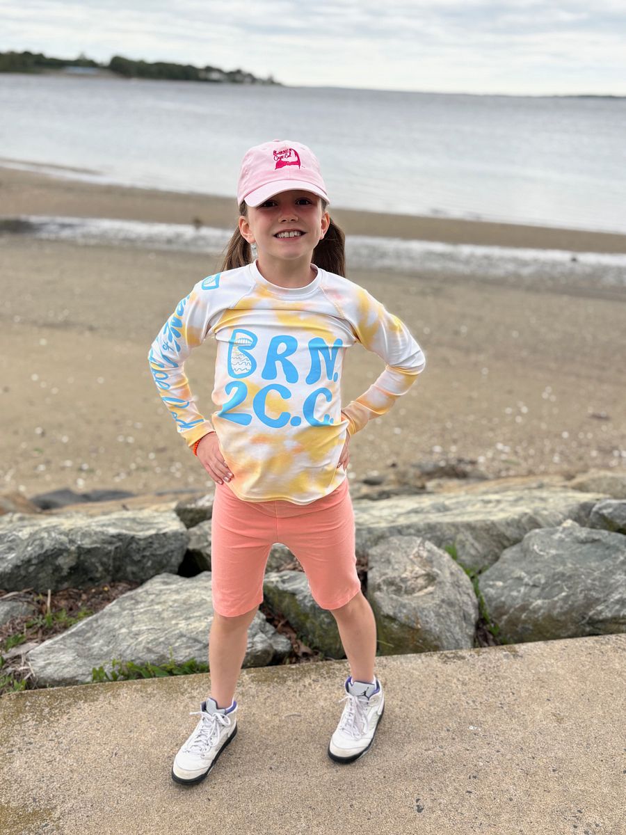 YOUTH | Rash Guard | BRN.2C.C.™ Front Graphic | BOURNE to Cape Cod™ Sleeve & Back Logo | Coastal Swim Shirt for Kids | UV Protection Activewear | Blue Logo on Orange Tie-Dye product image (5)