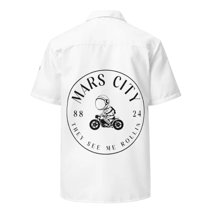 MARS CITY FASHION LIMITED ALL WHITE CUBAN CAMP COLLAR STYLE SHIRT WITH MARS CITY MOTORCYLE LOGO ON BACK product image (2)