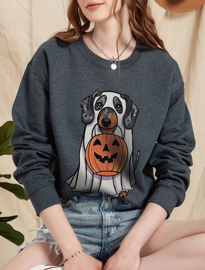 Funny Halloween Dachshund(Dapple) Sweatshirt | Funny Doxie/Wiener Wearing a Ghost Costume and Holding a Pumpkin Basket product image (5)
