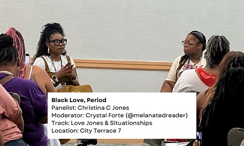 I ran from my table to this room to catch @melanatedreader in conversation with CCJ about Black Love PERIOD. 

#BlackBookBash...