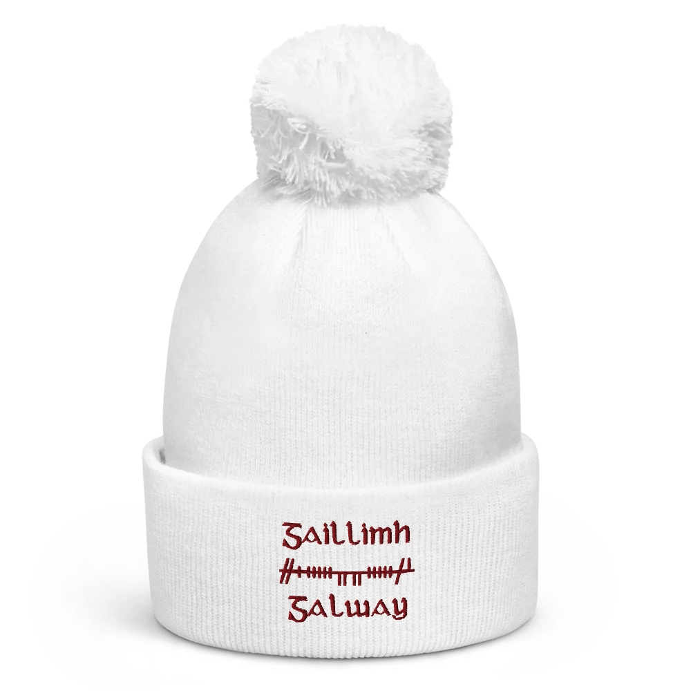 Galway/Gaillimh Orthodox Style Ogham, white with maroon, embroidered Pom-Pom Beanie product image (1)