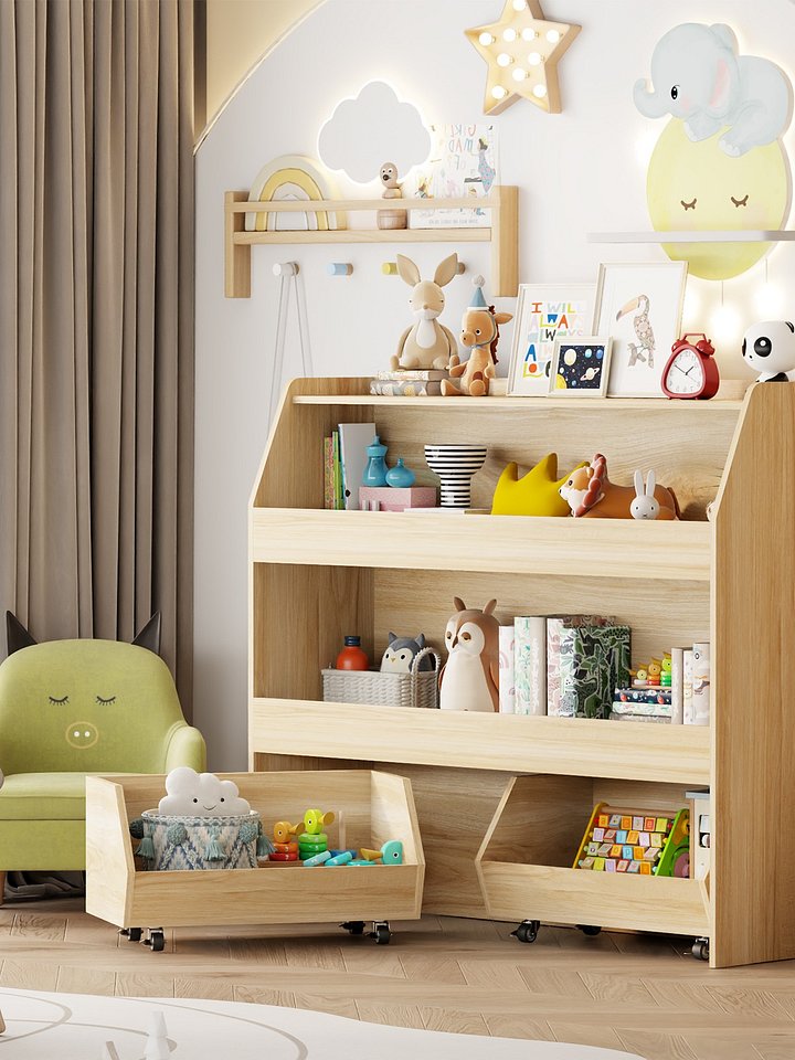 3-Tier Portable Toy Storage, Kids Toy Organizer W/2 Removable Bins with 4 Wheels（Wood) product image (1)