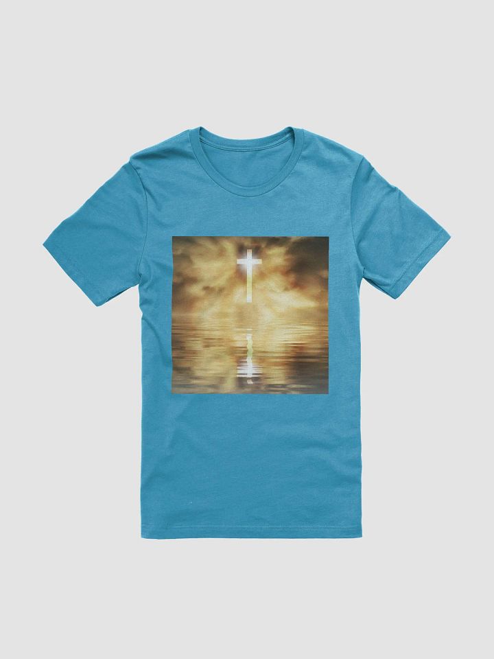 Glowing cross illuminated by intense golden light, reflecting on calm water below t-shirt product image (1)