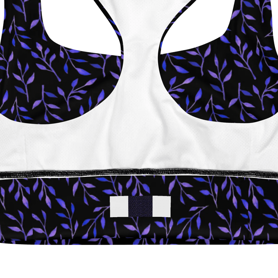 All over print sports bra  blue watercolour leafy design on black background product image (5)