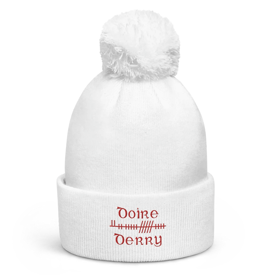 Derry/Doire Orthodox style Ogham, white with red, embroidered Pom-Pom Beanie product image (1)