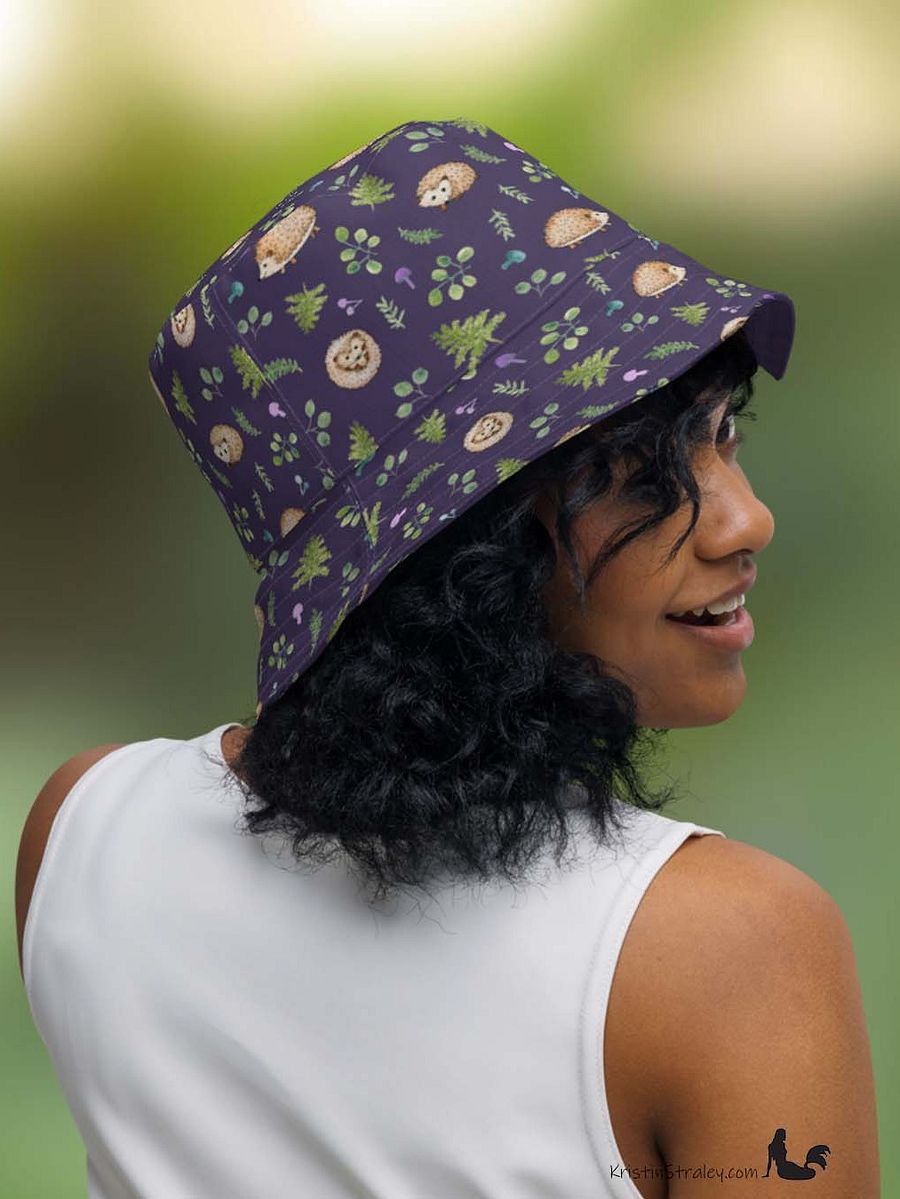 Hedgehogs Reversible Bucket Hat in Hedgehogs on Plum and Solid Plum product image (8)