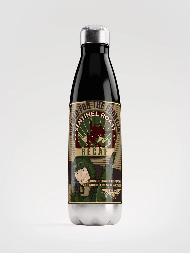 Sentinel Roast Recaff – Retro Warhammer 40K Astra Militarum Propaganda Poster Bottle product image (1)