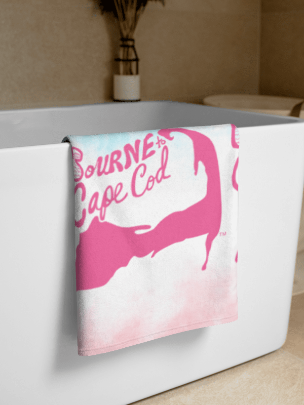 BOURNE to Cape Cod™ | Coastal Classic Beach Towel | All-Over Logo Print | White Logo on Pink and Blue Tie Dye product image (2)