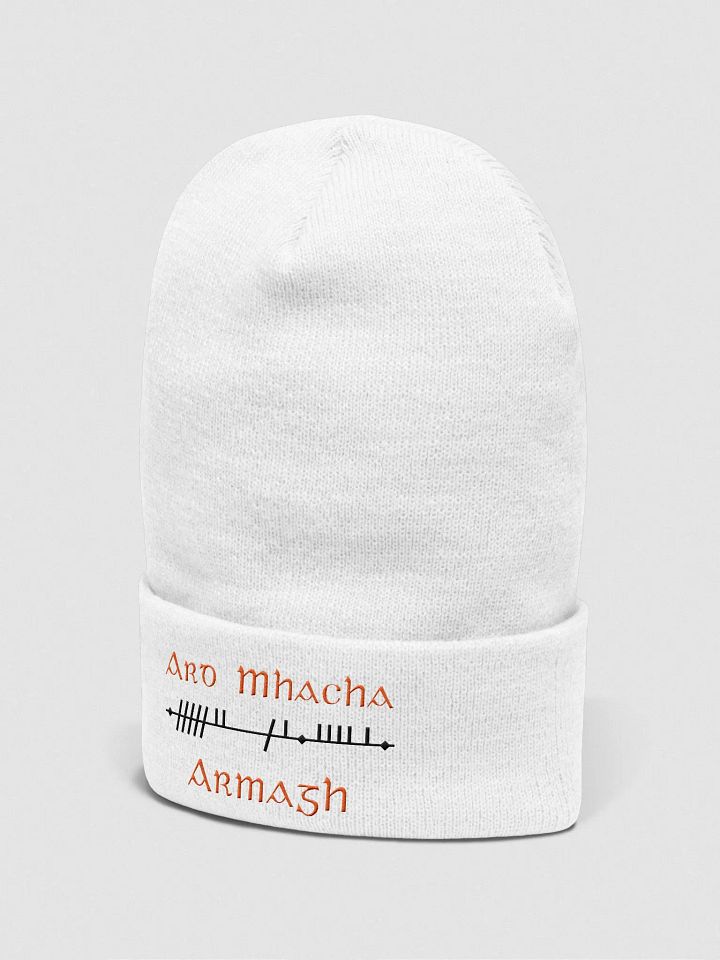 Armagh/Ard Mhacha Scholastic Style Ogham, white with Tangerine and Black, embroidered cuffed Beanie product image (2)