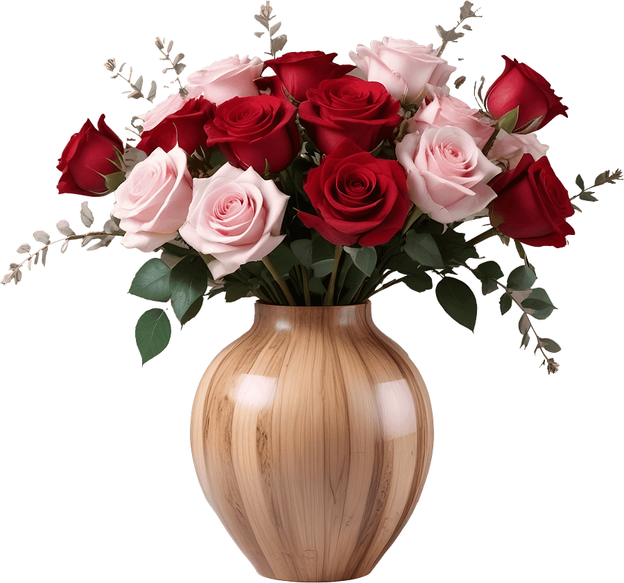 Natural Wooden Vase with Red and Pink Roses PNG product image (1)