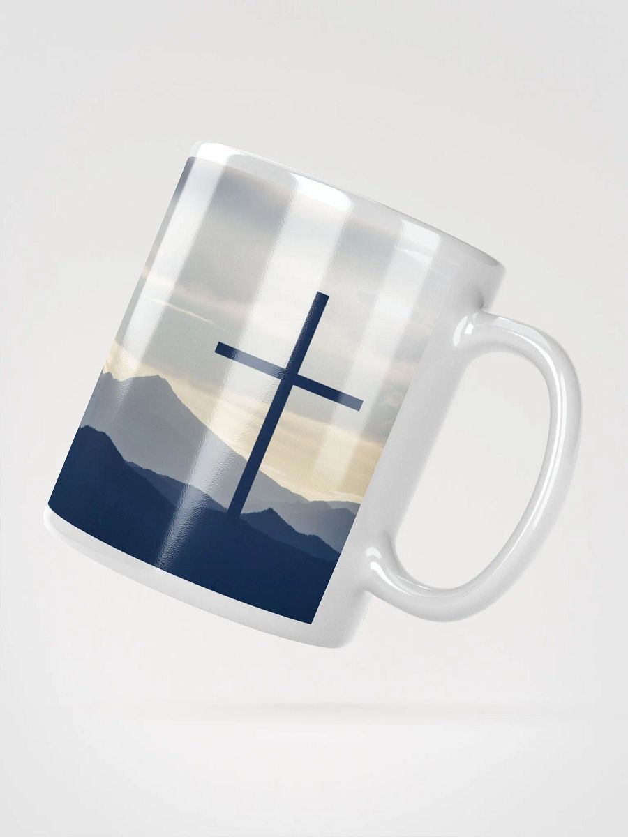 A cross standing against a serene landscape of rolling hills & a Radiant cross illuminated by a bright, golden light with glowing sunrise & doves Mug product image (5)