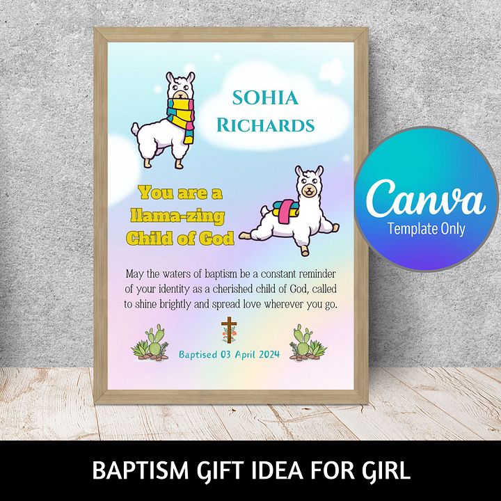 Cute Alpacas Rainbow Background Baptism Canva Template product image (1)