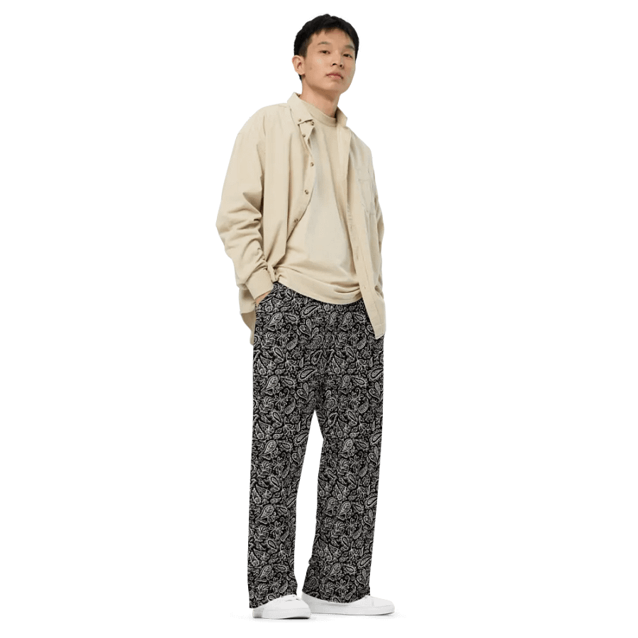 Loose pants paisley pattern white on black product image (3)