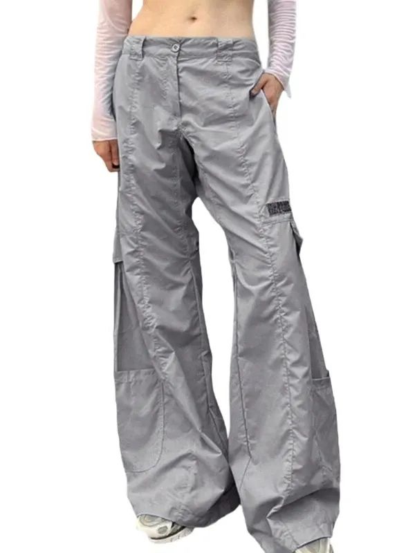 Stylish Womens Wide Leg Baggy Trousers Low Waist Multi Pocket Ruched Cargo Pants product image (2)