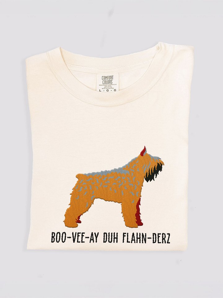 Boo-Vee-Ay Duh Flahn-Derz T-Shirt(Embroidered) of a Bouvier des Flandres(Brown, Cropped Ears) product image (1)
