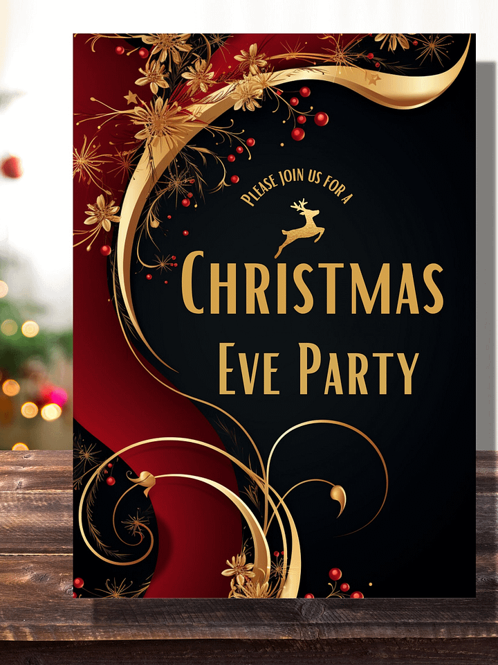 Editable Christmas Eve Party Invitation -Stunning Red and Gold- Edit in Canva- Christmas Party Printable- Holiday Party Invitation Template product image (1)