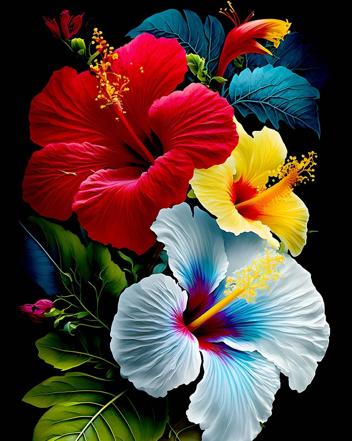 Bouquet of Hibiscus Flowers in Red Yellow Blue with Leaves Black Background Matte Poster product image (1)