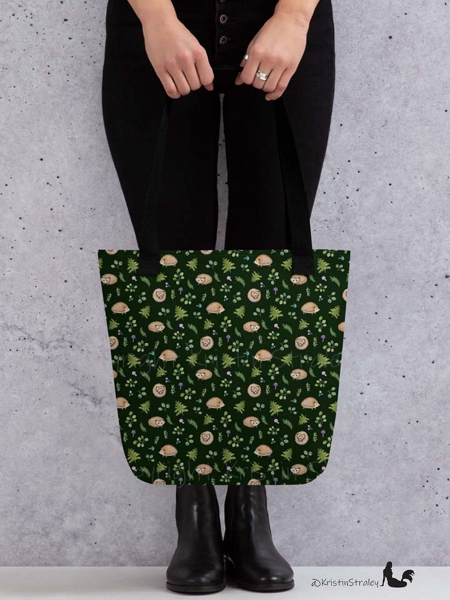 Hedgehogs with Ferns and Mushrooms on Dark Green Tote Bag product image (7)