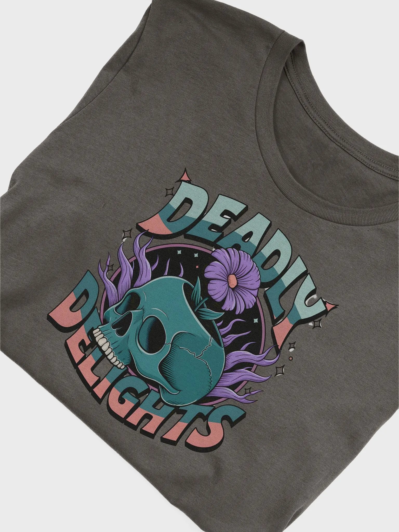 “DEADLY DELIGHTS” t-shirt, Skull design t-shirt, Halloween themed shirt, Unique Halloween outfit, Daring fashion statement, Floral skull shirt, Halloween party attire, gift idea product image (5)