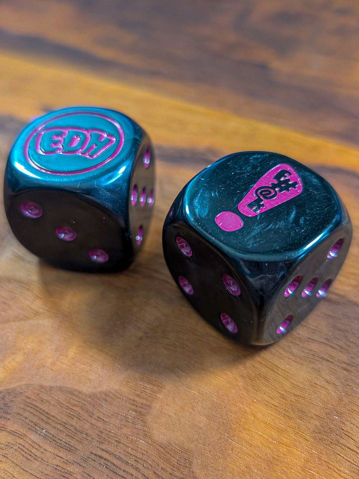 Oversized Pearlescent Black Dice Set with "Pink" Pips - 30mm product image (1)