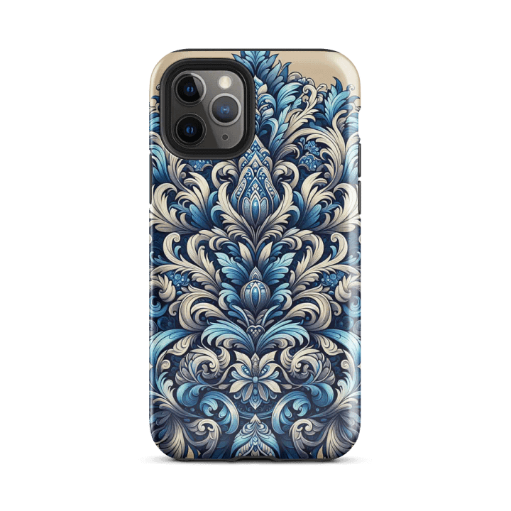 Tough Phone Case for iPhone® - Rococo Damask Floral Design in Blues and Gray product image (2)